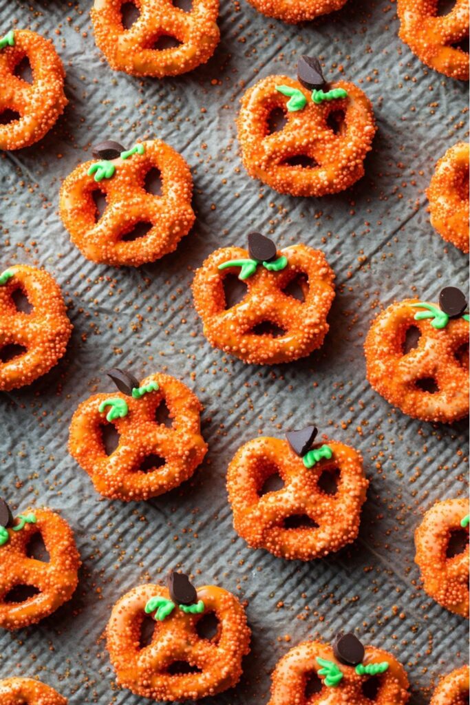 Mini pretzels dipped in orange and green chocolate, shaped like pumpkins with chocolate chip stems, served as fun Thanksgiving school treats for kids.