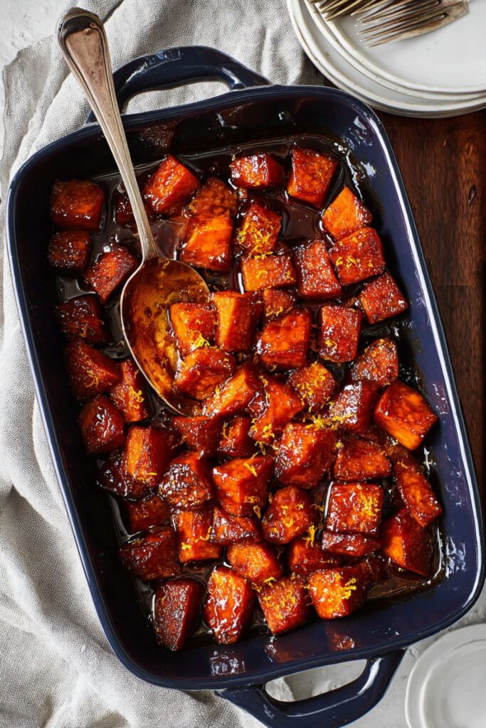 Glazed candied yams baked in a casserole dish, coated in a glossy orange and molasses sauce, served as one of the best Thanksgiving side dishes for a crowd.