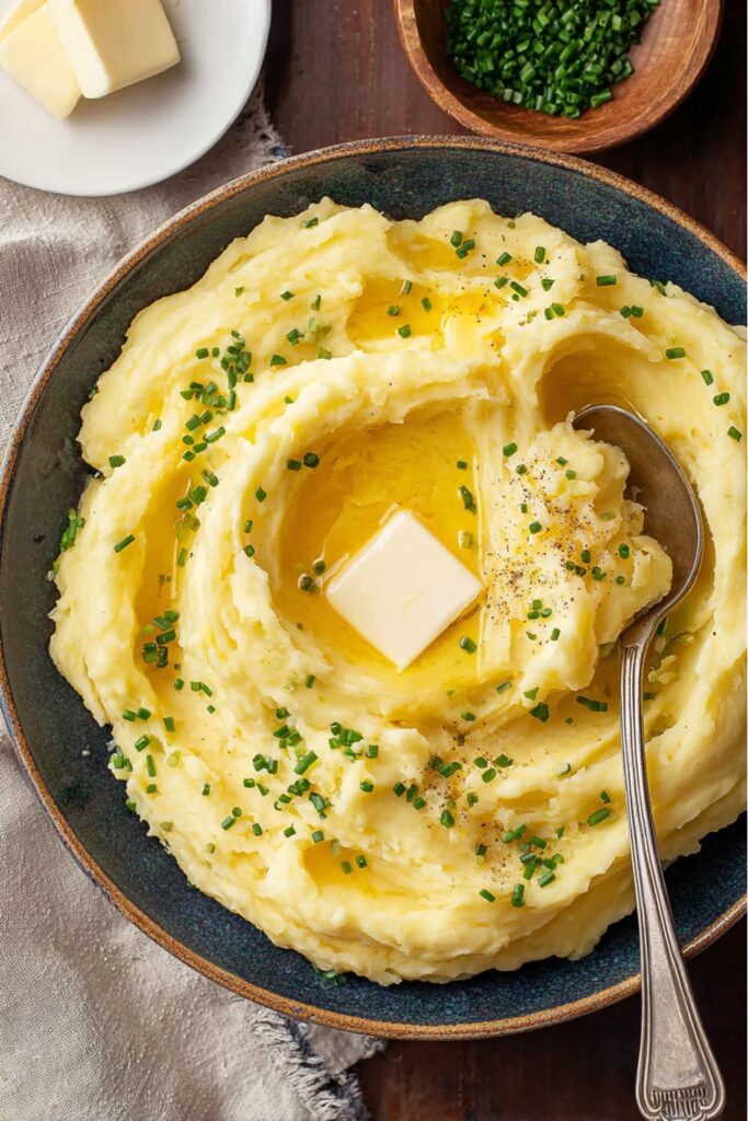 A bowl of creamy mashed Yukon gold potatoes topped with melted butter and fresh chives, served as one of the easy Thanksgiving side dishes for a crowd.