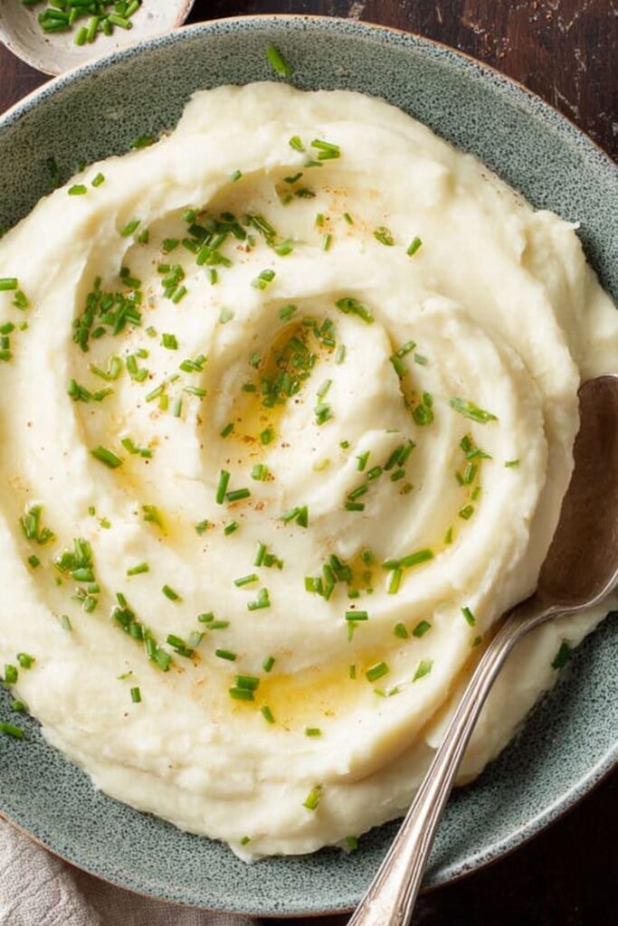 Smooth mashed cauliflower topped with chives and black pepper, served in a white bowl as one of the healthy Thanksgiving sides for a crowd.