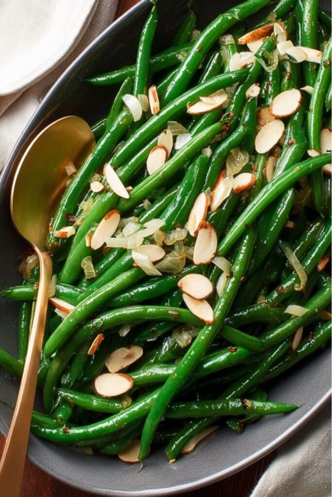Bright green beans sautéed with shallots, garlic, and toasted almonds, served in a skillet as one of the healthy Thanksgiving sides for a crowd.