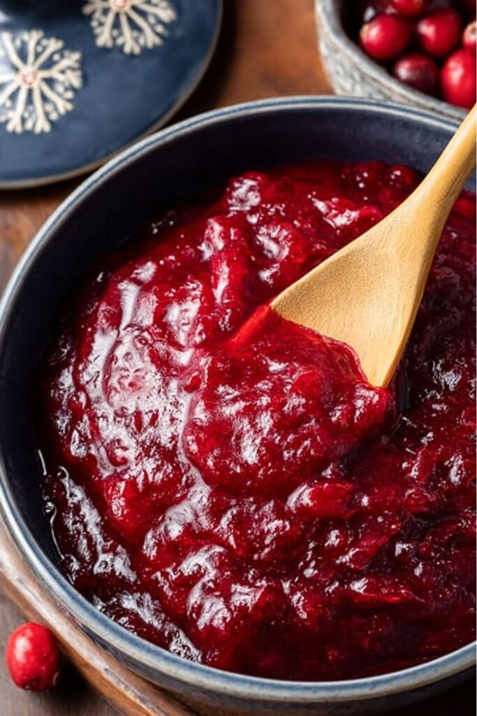 A glossy bowl of homemade cranberry sauce with orange zest, glistening with maple syrup, served as one of the easy Thanksgiving side dishes for a crowd.