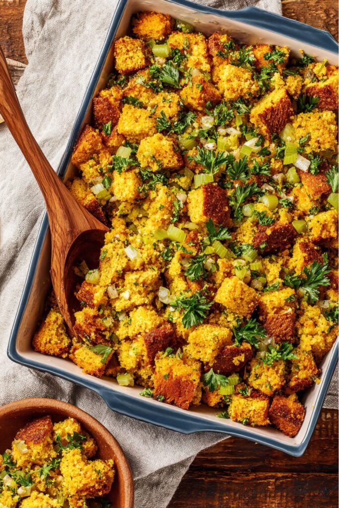 Golden-brown cornbread stuffing baked in a casserole dish with herbs, onions, and celery, served as one of the best Thanksgiving side dishes for a crowd.