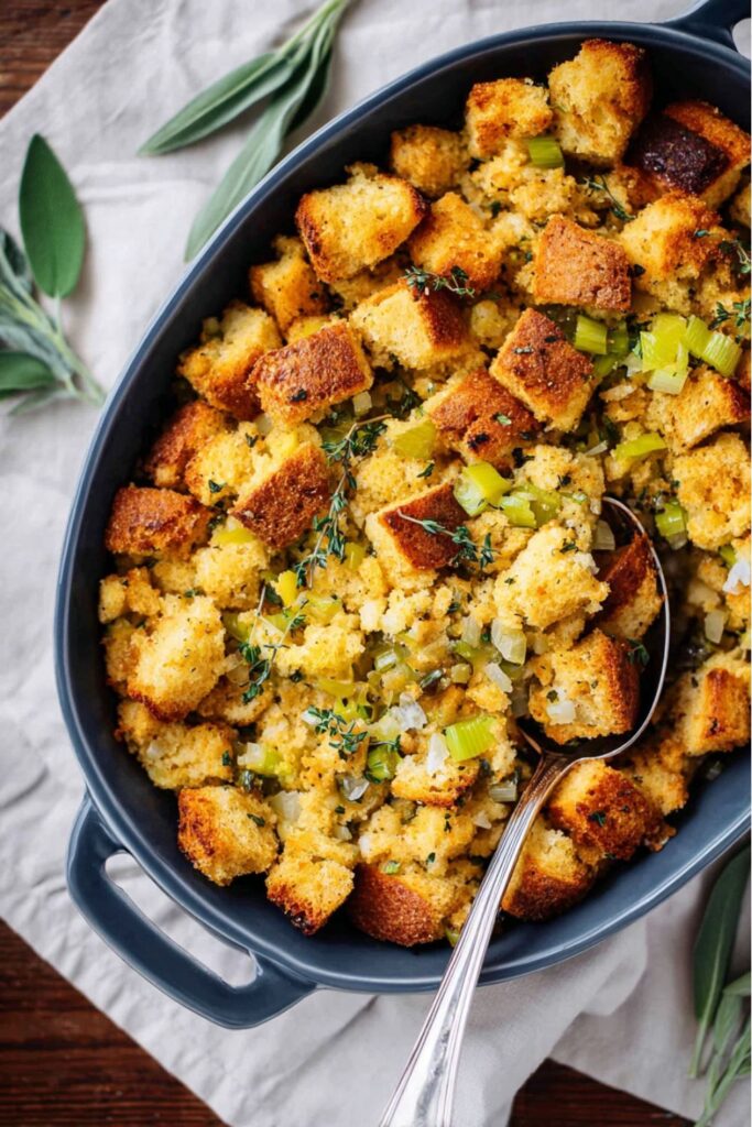 Golden-brown sourdough herb stuffing baked in a rectangular dish, topped with crisp edges and flecks of herbs, served as one of the best Thanksgiving side dishes for a crowd.