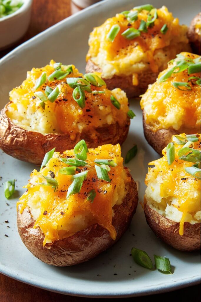 Golden twice-baked potatoes topped with melted cheddar cheese and sliced scallions, served hot on a platter as a hearty Thanksgiving vegetable side dish.