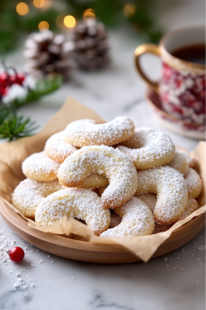 Light golden crescent-shaped Vanillekipferl cookies dusted with powdered sugar, arranged on parchment paper, perfect for Italian Christmas Recipes and festive dinner presentation.