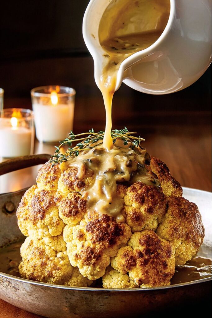 Whole roasted cauliflower brushed with butter and herbs, surrounded by garlic and fresh thyme, served with a rich mushroom gravy as a Thanksgiving vegetable side dish.