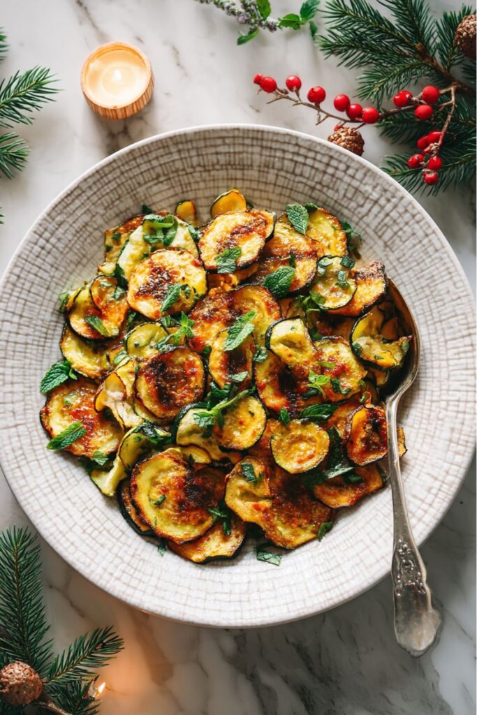 Roasted zucchini slices drizzled with red wine vinegar and garnished with fresh mint leaves, served as part of an Italian Christmas dinner spread.