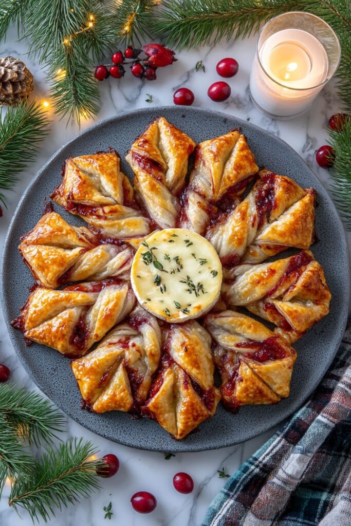 Golden puff pastry snowflake filled with cranberry sauce and bacon pieces, baked until flaky and topped with fresh thyme, served on a marble countertop as one of the most festive appetizer ideas for Christmas.