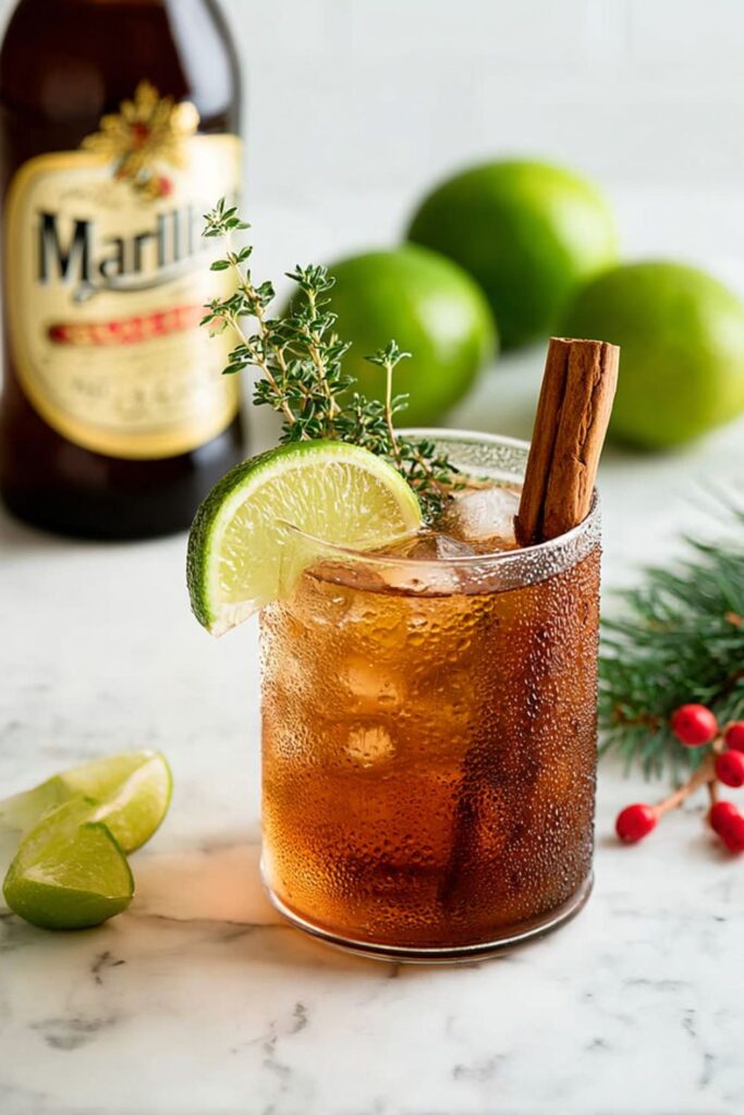 A glass filled with an apple cider Moscow mule, garnished with a lime wedge and thyme sprig on a marble countertop surrounded by festive decor.
