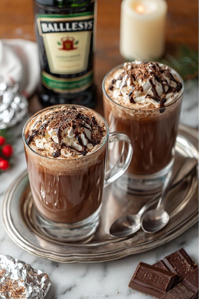 A mug of rich Baileys hot chocolate topped with whipped cream, chocolate shavings, and drizzled sauce on a marble countertop surrounded by festive holiday decor.