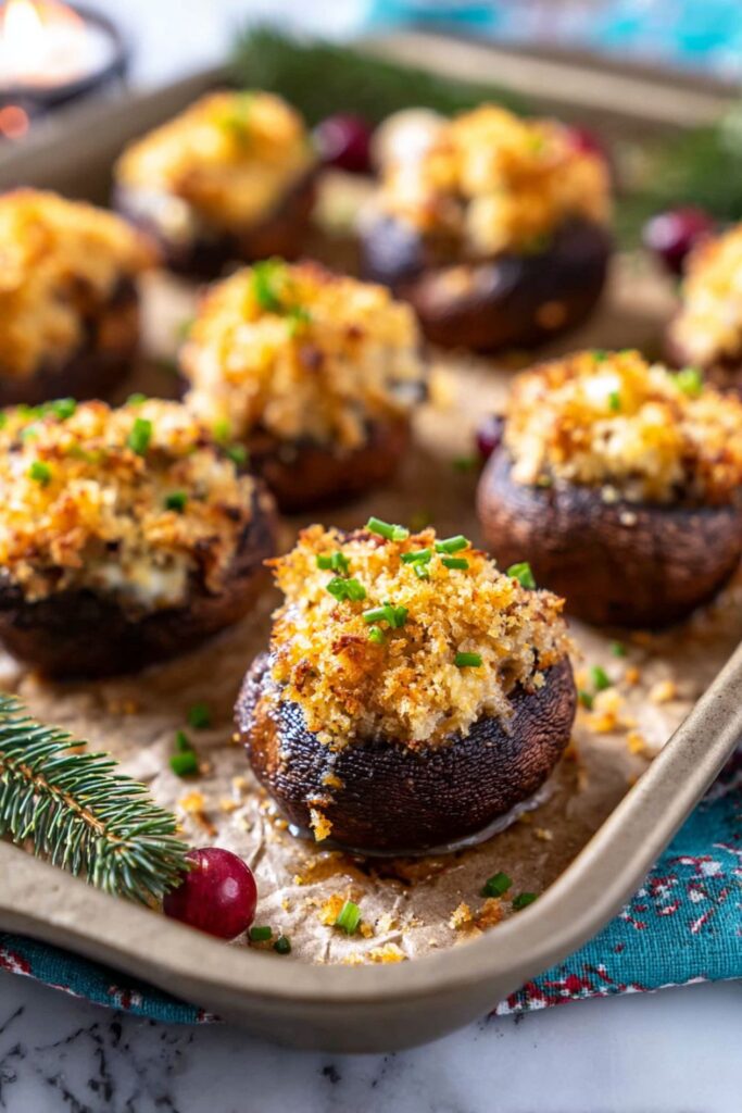Golden-baked stuffed mushrooms filled with creamy cheese, panko breadcrumbs, garlic, and parsley, arranged on a marble countertop as one of the best Christmas appetizers for holiday parties.