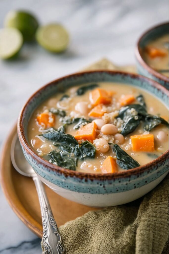 Cozy Vegan Quinoa Recipes: A close-up of a creamy quinoa stew with diced sweet potatoes, white beans, and dark leafy kale, served in a blue-rimmed bowl with lime slices in the background.