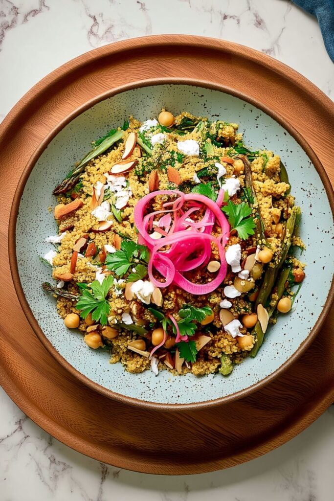 Easy Veganuary Recipes: A large bowl of quinoa with roasted asparagus, chickpeas, slivered almonds, vegan feta, fresh parsley, and bright pink pickled red onions.