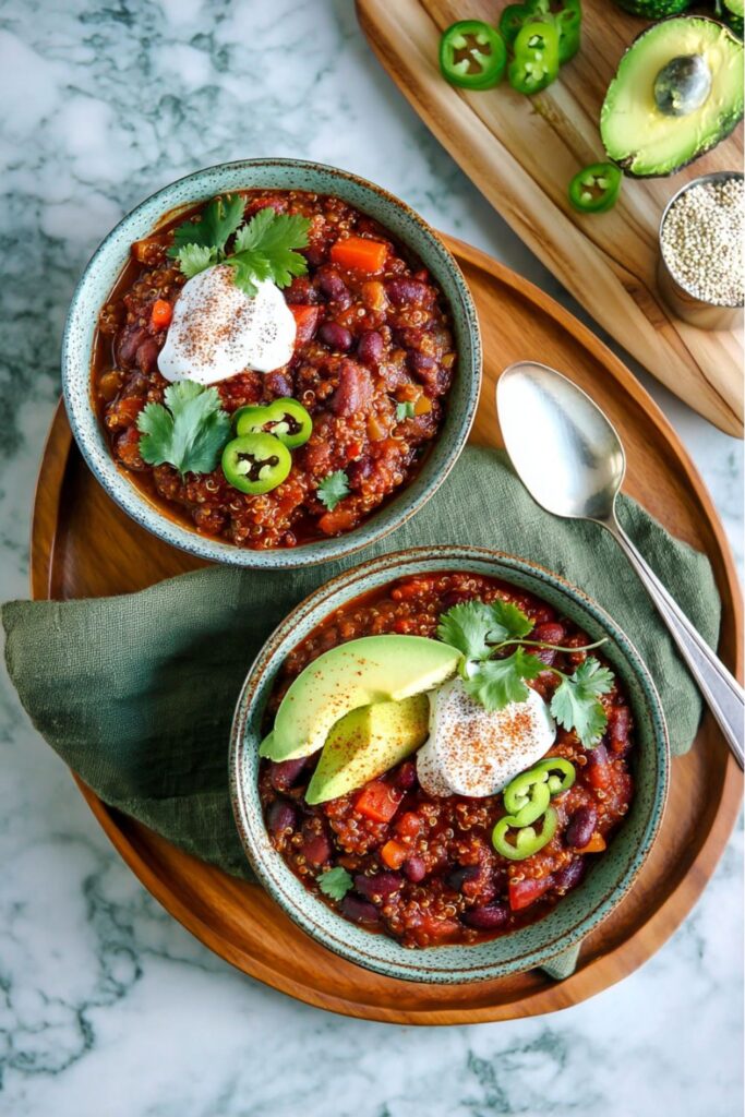 Veganuary Dinner Recipes: Two bowls of hearty quinoa vegetable chili topped with vegan sour cream, cilantro, sliced avocado, and jalapeños, served on a wooden tray.