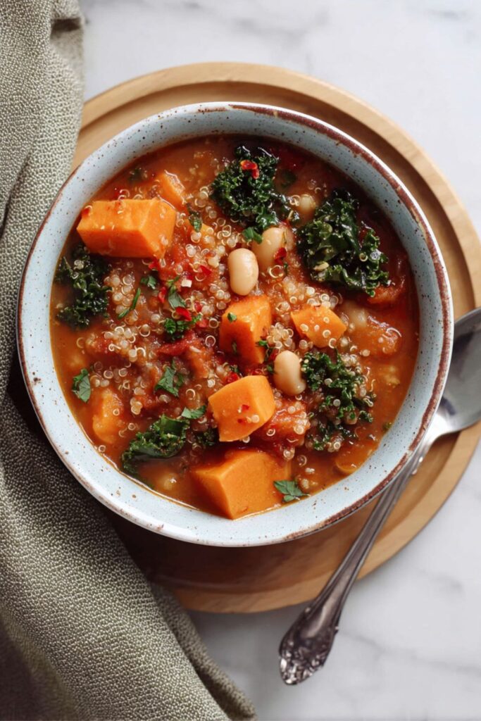 Veganuary Dinner Recipes: A close-up of a cozy bowl of sweet potato, kale, and white bean stew with quinoa, sprinkled with chili flakes and cilantro, perfect for dinner.