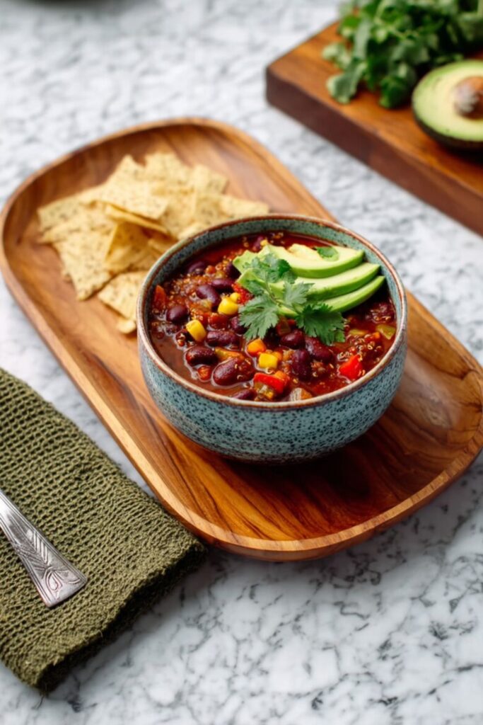 Cozy Vegan Quinoa Recipes: A deep blue bowl of hearty vegetable quinoa chili, topped with sliced avocado and cilantro, served on a wooden tray with tortilla chips.