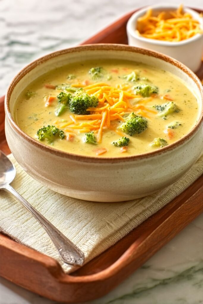 A creamy bowl of Broccoli Cheddar soup garnished with shredded cheddar cheese. This Comfort Soup is a perfect January dinner idea and Winter Soup Recipe.