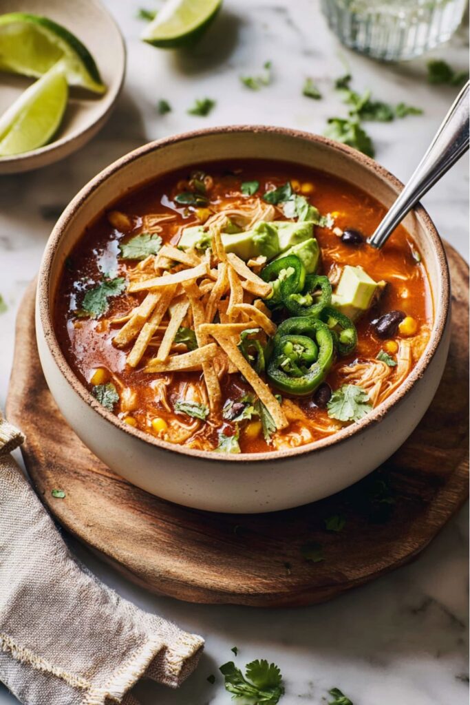 A bowl of Spicy Chicken Tortilla Soup topped with avocado, jalapeños, and tortilla strips. Best Soups for Winter, an Immune-Boosting meal for January.