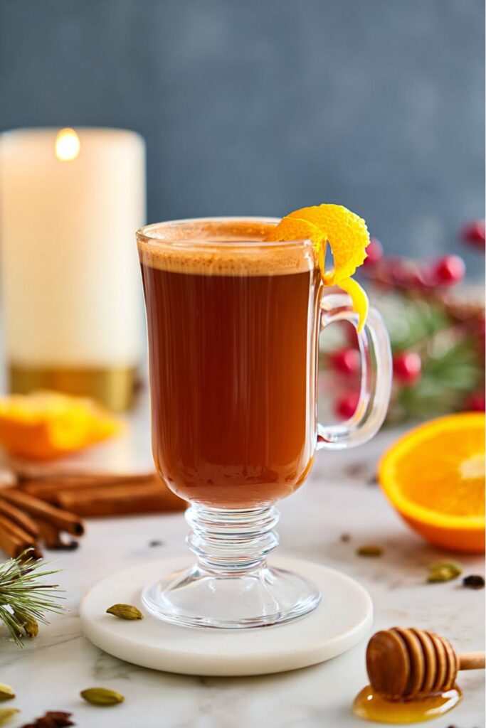 A steaming mug of chai bourbon hot toddy with an orange peel garnish, honey dipper, and spices arranged on a marble countertop.