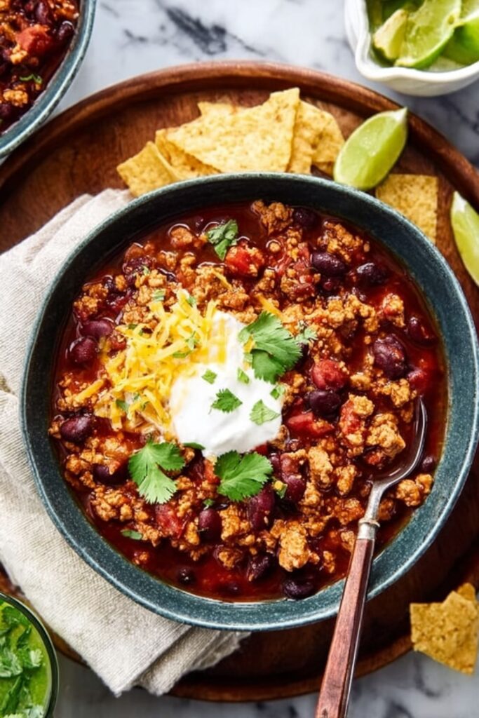 A bowl of Turkey Bean Chili topped with sour cream, shredded cheese, and cilantro. A Hearty Soup Recipe for january meals and Comfort Soup Recipes.