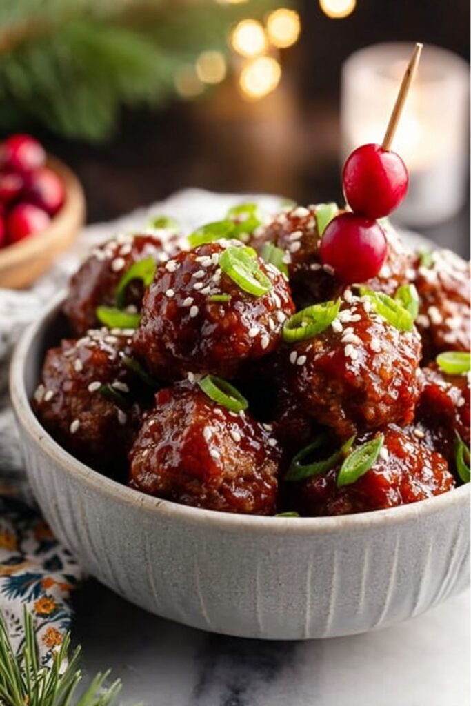 Juicy beef meatballs coated in a glossy cranberry sweet chili glaze, served in a festive bowl and garnished with fresh cranberries and herbs, perfect for Christmas appetizer buffet spreads.