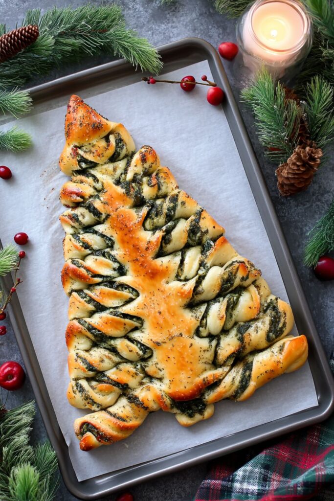 Golden brown spinach dip Christmas tree breadsticks twisted into a festive tree shape, brushed with garlic butter and sprinkled with herbs, served on a marble countertop for a Christmas appetizer buffet.