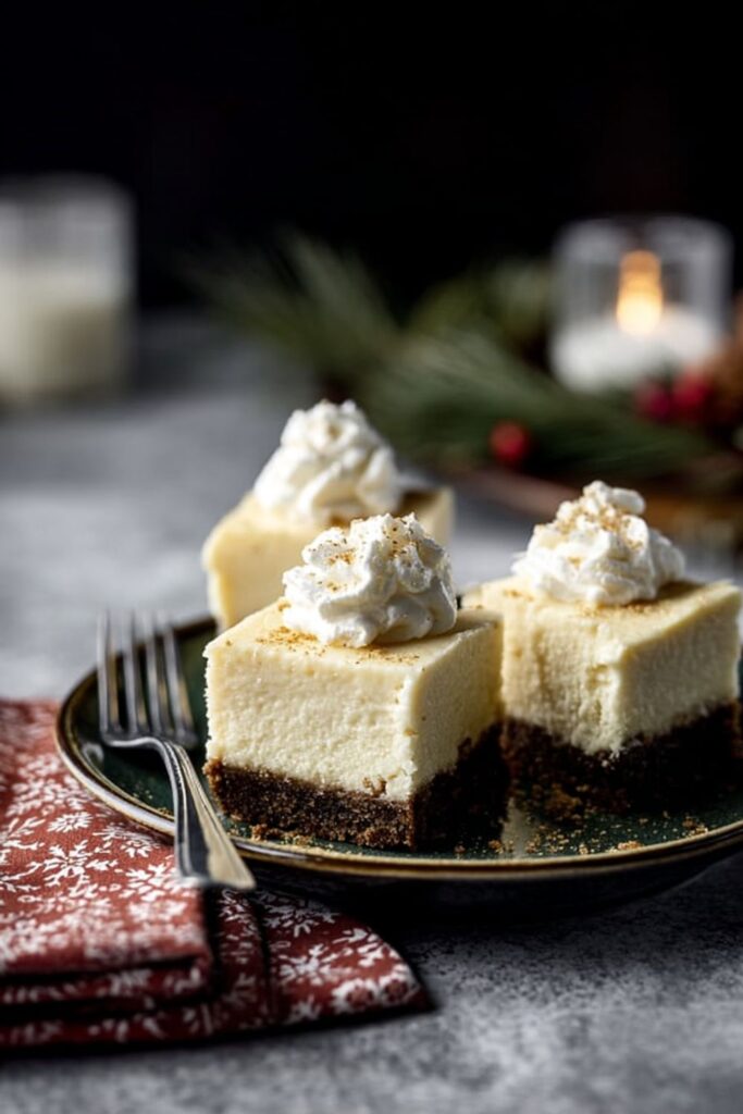 Three thick Christmas Bar And Square cheesecake bars are arranged on a dark green plate next to a silver fork. Each Dessert Bar Recipe square has a dense, dark chocolate or gingerbread crust layer topped with a creamy white cheesecake layer, finished with a dollop of whipped cream and a sprinkle of spice (such as cinnamon or nutmeg). The dark, moody background includes festive elements like a red and white snowflake napkin, pine sprigs, red berries, and a soft, blurred candlelight glow, perfect for a Winter Holiday Dessert or Christmas Baked Good.