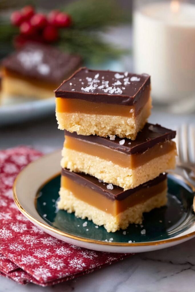 A stack of three classic Millionaire's Christmas Bar And Square shortbread is presented on a small, dark green plate with gold trim. Each Dessert Bar Recipe features three distinct layers: a thick, light-colored shortbread base, a smooth layer of caramel, and a thin, glossy dark chocolate layer on top, all sprinkled with coarse sea salt. The bars are part of a festive Winter Holiday Dessert scene, which includes a red and white snowflake napkin, blurred red berries, and a lit candle in the background.