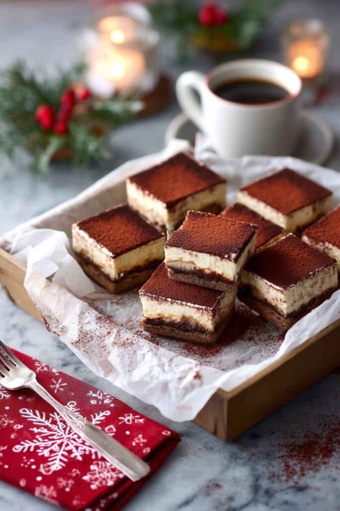 A collection of individual Christmas Bar And Square tiramisu pieces is presented in a wooden tray lined with white parchment paper. Each Dessert Bar Recipe square features a dark base, a thick layer of creamy white mascarpone, and a generous dusting of cocoa powder on top. Two of the squares are stacked, drawing focus. The tray is set against a festive Winter Holiday Dessert background, which includes a red snowflake napkin, a silver fork, a cup of coffee, and blurred hints of pine sprigs, red berries, and warm candlelight.