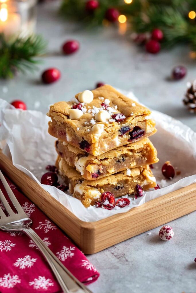 A vertical stack of three Christmas Cookie Bar squares, likely made with a blondie base, are presented on white parchment paper in a light wooden tray. These Holiday Bar Recipe squares are studded with dried cranberries and white chocolate chips, and the stack is dusted with powdered sugar, with a few extra white chocolate chips resting on the top bar. The dessert is set in a festive, winter holiday scene with a red snowflake-patterned napkin, loose cranberries, pine sprigs, a small pine cone, and blurred warm twinkle lights in the background, making it a perfect Christmas Baking Idea or Winter Holiday Dessert.