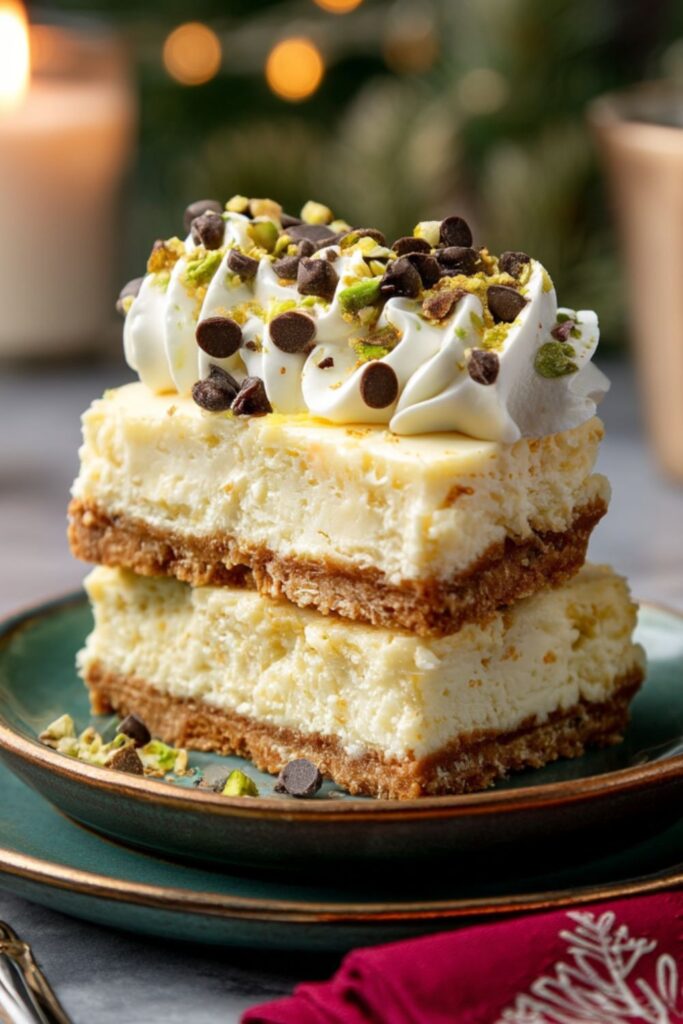 A stack of two creamy, yellow Cannoli Cheesecake Bars on a teal plate with a red cloth underneath. Each Christmas Cookie Bar has a thick graham cracker crust and a rich, square cheesecake layer. The top bar is generously topped with swirls of white whipped cream, sprinkled with mini chocolate chips and vibrant green crushed pistachios. The background is blurred with warm, holiday-themed lights, setting a festive and inviting mood for this Holiday Square Recipe.