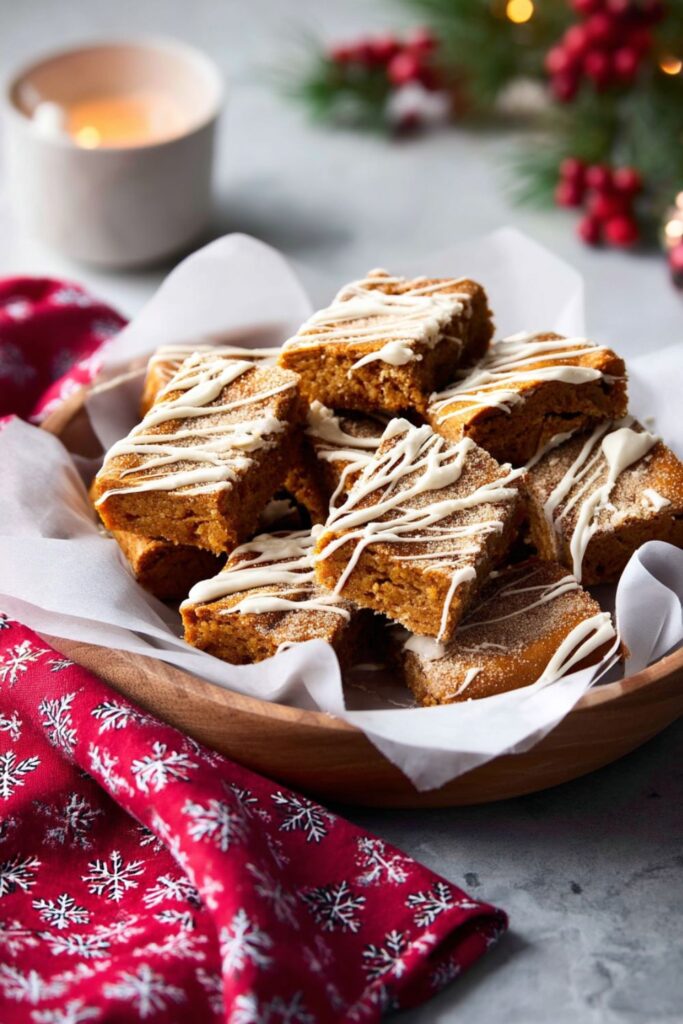 A generous pile of small, spiced Christmas Bar And Square gingerbread or pumpkin spice bars is nestled in a wooden bowl lined with white parchment paper. Each Holiday Bar Recipe square is a golden brown color, lightly dusted with cinnamon sugar, and drizzled with a zigzag pattern of white icing or glaze. The bowl sits on a festive surface with a red, snowflake-patterned napkin, and the background is decorated with holiday accents like red berries, pine sprigs, and a warm, blurred candlelight glow, suggesting a perfect Winter Holiday Dessert or Christmas Baking Idea.
