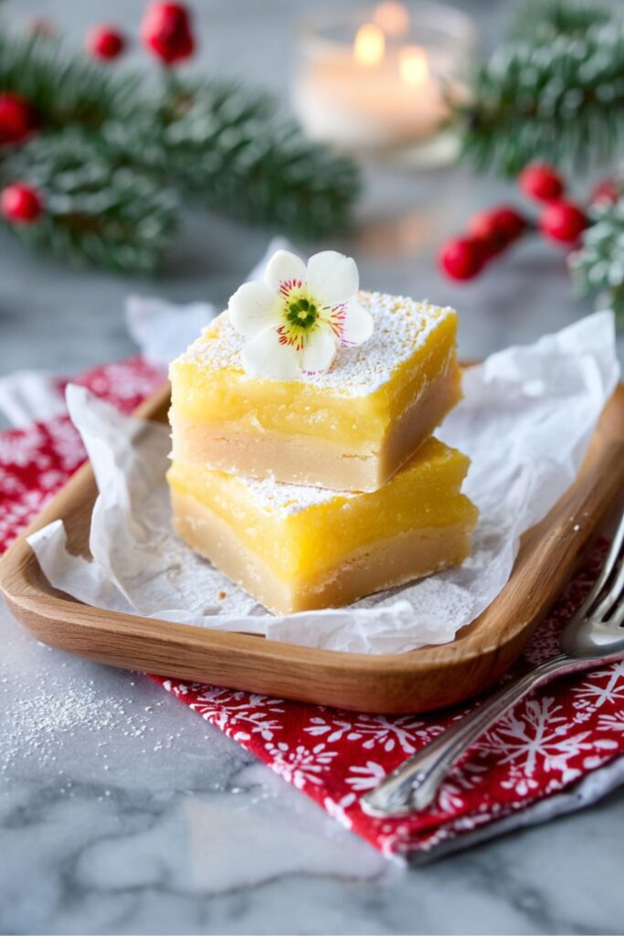 A pair of Easy Christmas Square lemon bars are stacked on top of each other on white parchment paper, resting inside a small, light-wood serving dish. Each Dessert Bar Recipe square has a thick, pale shortbread crust layer and a bright yellow, glossy lemon filling layer, all dusted lightly with powdered sugar. The top square is garnished with a small, white flower. The background features festive holiday décor, including pine branches dusted with snow and bright red berries, along with a blurred, lit candle, setting a scene for a Winter Holiday Dessert or Christmas Baking Idea.