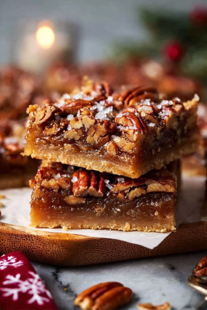 A close-up vertical stack of two Christmas Bar And Square pecan bars sits on a small piece of white parchment paper within a wooden serving dish. Each Holiday Bar Recipe square features a buttery crust layered with a thick, glossy, caramel-pecan filling that is topped with chopped pecans and a sprinkle of coarse sea salt. The background is blurred with a warm, festive glow from a lit candle and hints of red berries and green pine, suggesting a delicious Winter Holiday Dessert or Christmas Baking Recipe.