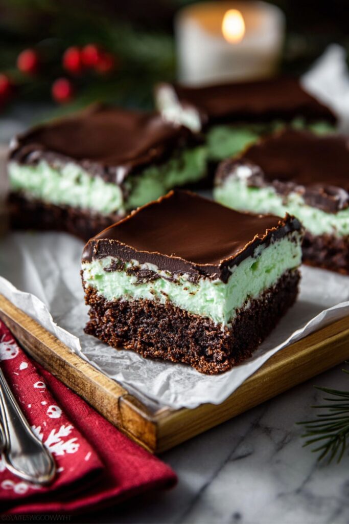 A close-up shot of a Christmas Bar And Square dessert. The bar has three distinct layers: a dark brown, rich chocolate brownie base; a thick, light mint-green layer of creamy filling; and a smooth, shiny layer of dark chocolate ganache on top. Several of these Holiday Bar Recipe squares are arranged on a piece of white parchment paper inside a wooden tray. The background is softly blurred with a festive, dark setting featuring red berries, pine needles, and a lit candle, suggesting a Winter Holiday Dessert or Christmas Baking Idea.