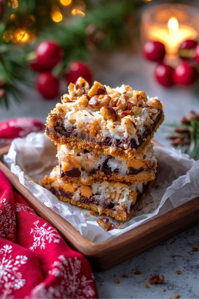 A stack of three layered Christmas Cookie Bar squares, likely a variation of a magic bar or seven-layer bar, sits on white parchment paper inside a wooden serving tray. Each Christmas Bar And Square features a buttery crust base topped with layers of chocolate chips, butterscotch chips, white shredded coconut, and chopped nuts, with the topmost bar having a visible, toasted nut and coconut topping. The scene is set for a Winter Holiday Dessert with a bright red, snowflake-patterned napkin, pine sprigs, red berries, and warm, blurred candlelight in the background.