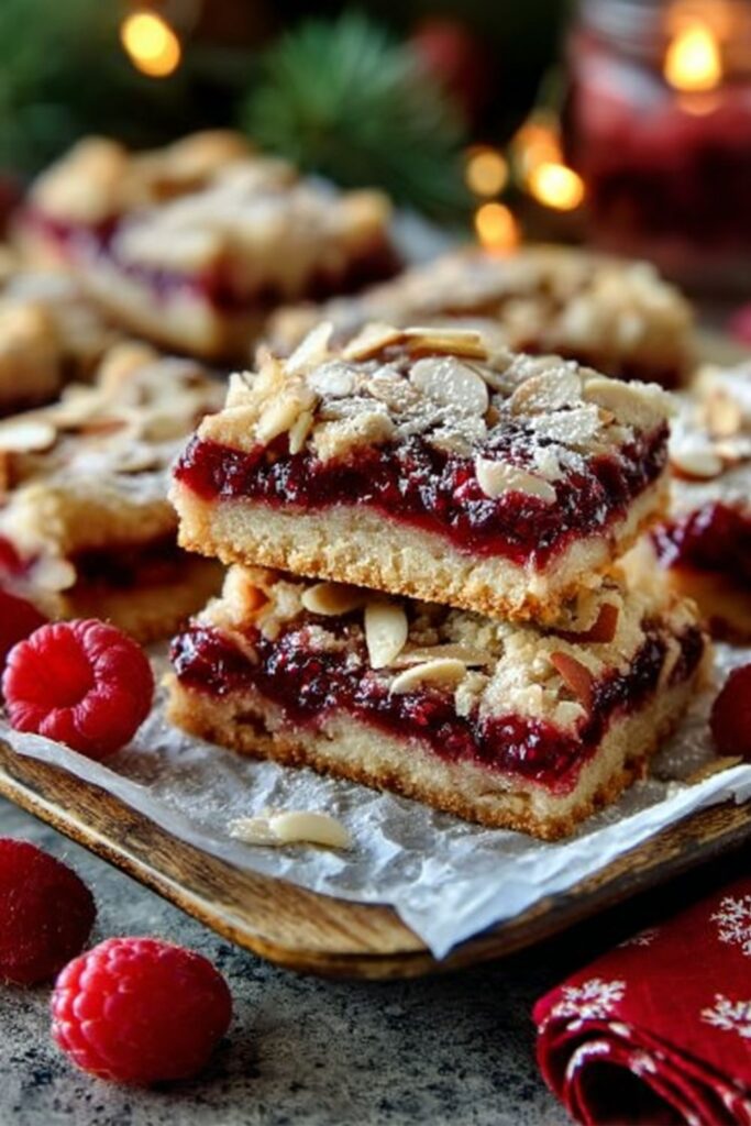 A close-up shot of two stacked Christmas Cookie Bar squares, likely raspberry almond crumble bars. Each Christmas Bar And Square has a light crust, a thick layer of dark red, jewel-toned raspberry jam filling, and a buttery crumble topping sprinkled with slivered almonds. The stack rests on a piece of white parchment paper in a wooden tray, surrounded by fresh raspberries, a red snowflake napkin, and blurred holiday lights and pine sprigs in the background, perfect for a Winter Holiday Dessert or Christmas Baking Idea.