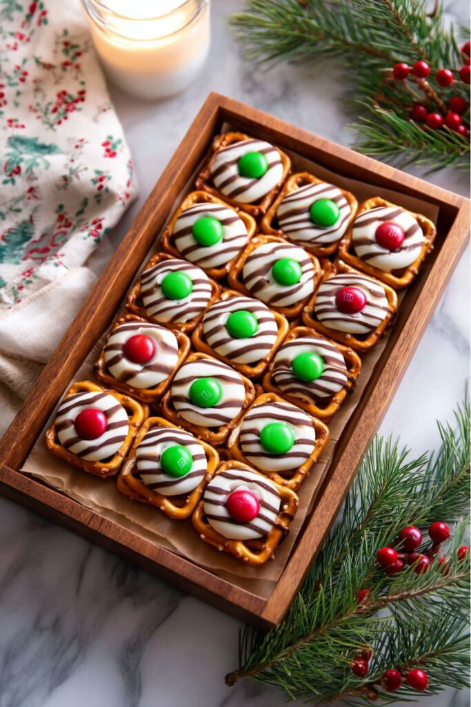 ​A dozen easy Christmas treats made from square pretzels topped with melted white chocolate, a dark chocolate drizzle, and a red or green M&M candy, presented in a small wooden tray. These minimal ingredient desserts are classic Christmas no bake treats arranged on parchment paper, surrounded by festive Christmas greenery, red berries, a patterned napkin, and a softly lit candle, highlighting them as a quick Christmas dessert perfect for an easy desserts Christmas party.