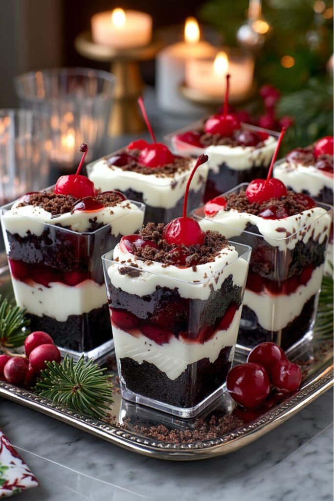 Six single serve Christmas party desserts layered with chocolate cake, cream, and cherry filling, topped with a maraschino cherry.