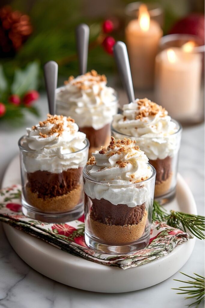 Single serve Christmas party desserts: mini chocolate cheesecake cups with whipped cream and graham cracker crumbs.
