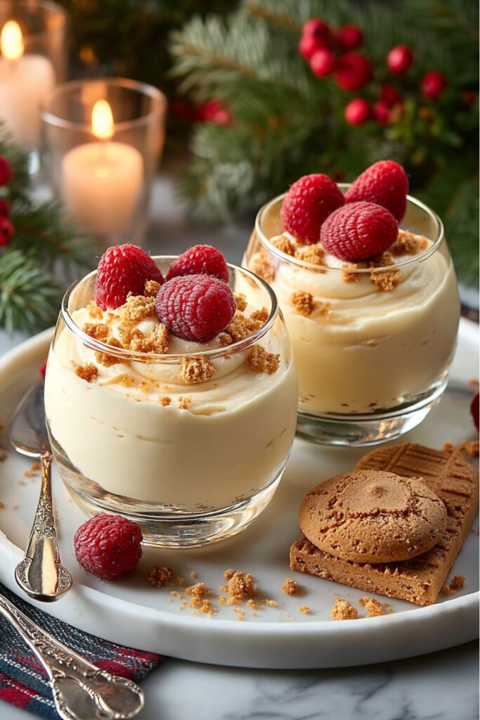 Two single serve Christmas party desserts, with creamy mousse, crushed cookies, and fresh raspberries, next to a cookie.