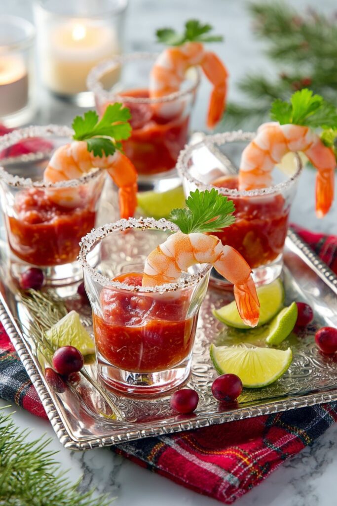 Mini shrimp cocktail shooters served in clear shot glasses with pepper-salt rims, pineapple cocktail sauce, and cilantro garnish, styled as festive Christmas finger foods.