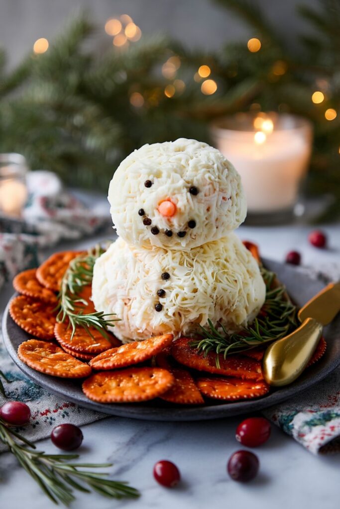 Festive snowman-shaped cheese ball coated in shredded Jack cheese, decorated with a carrot nose and peppercorn eyes, served with crackers as a fun Christmas finger food idea.