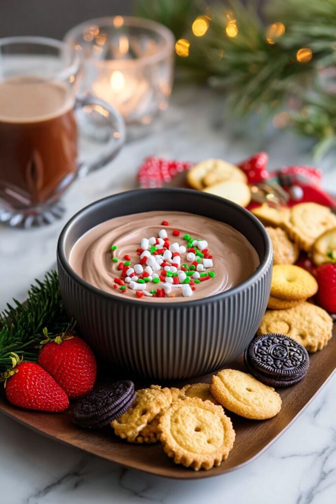 A minimal ingredient dessert of a chocolate dessert dip, topped with red, white, and green sprinkles, is served in a black bowl on a wooden platter. The dip is surrounded by dippers including assorted butter cookies, chocolate sandwich cookies, and fresh strawberries. This festive setup, which includes a mug of hot chocolate and candles in the background, is a great example of an easy desserts Christmas party appetizer and a quick Christmas dessert.