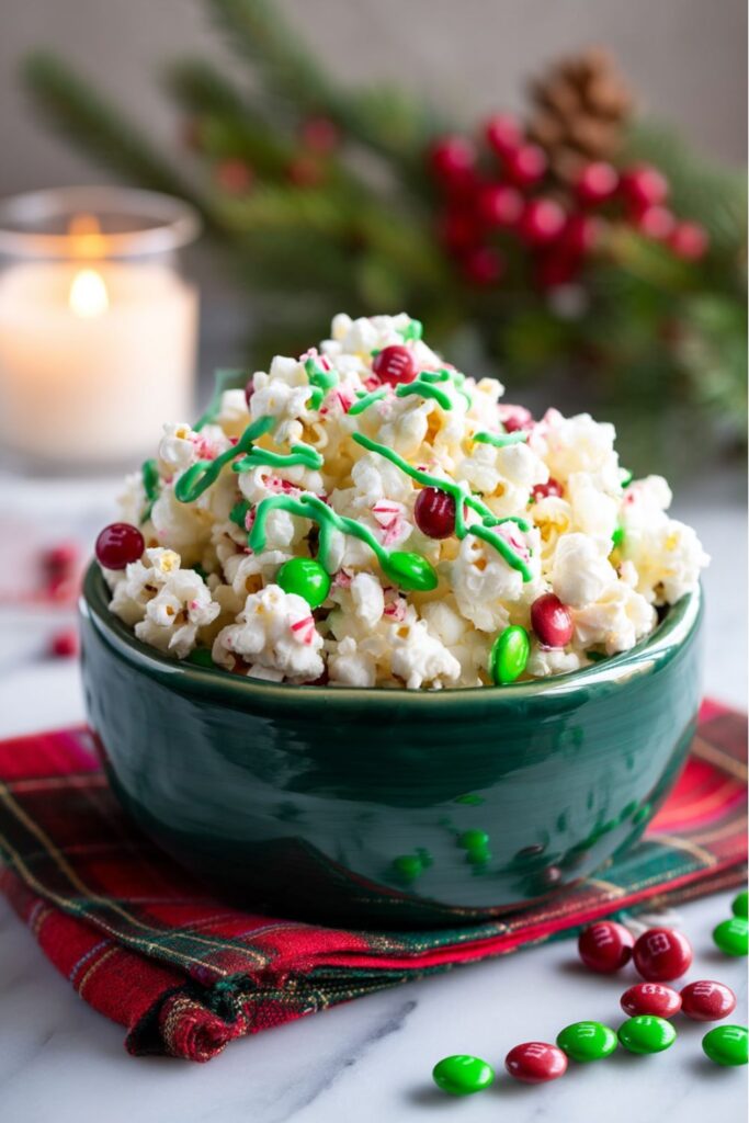 ​A deep green bowl overflowing with Christmas no bake treats made from white chocolate-coated popcorn, drizzled with green icing and mixed with red and green M&M's and crushed peppermint. This festive popcorn mix is a quick Christmas dessert and a fantastic shareable Christmas treat, presented on a red plaid napkin. The background features a glowing candle, pine needles, a pinecone, and red berries, emphasizing the holiday setting for this easy desserts Christmas party snack.