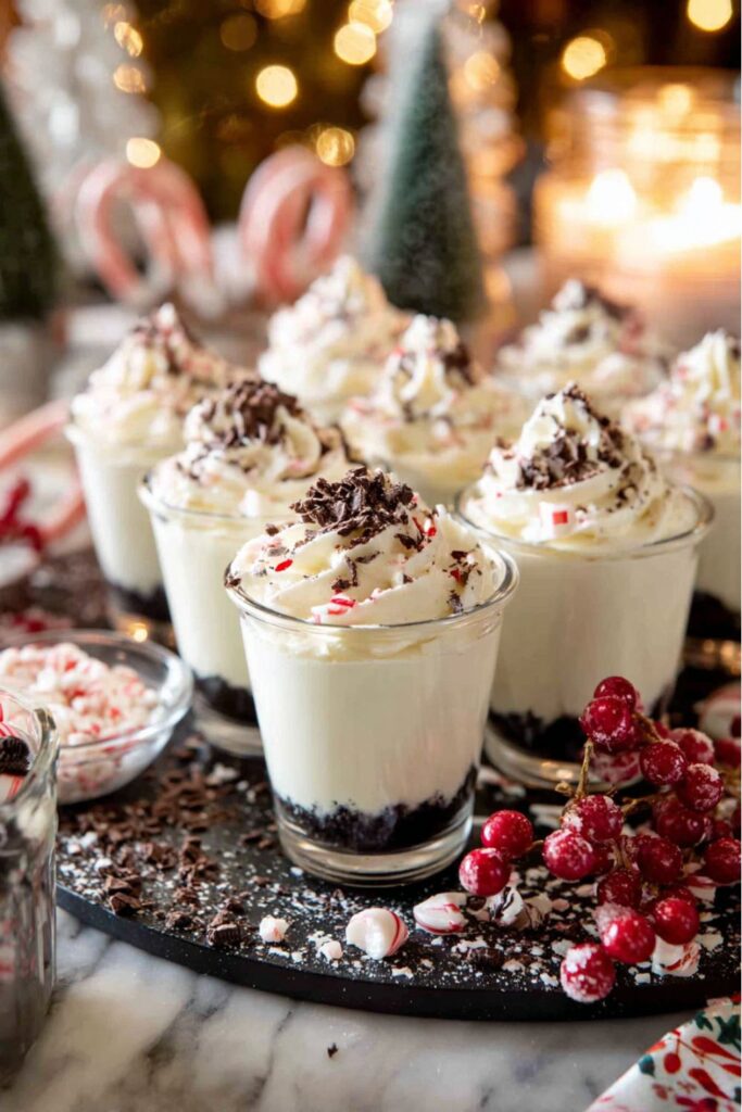 Single serve Christmas party desserts, like mini peppermint cheesecake cups with chocolate shavings.