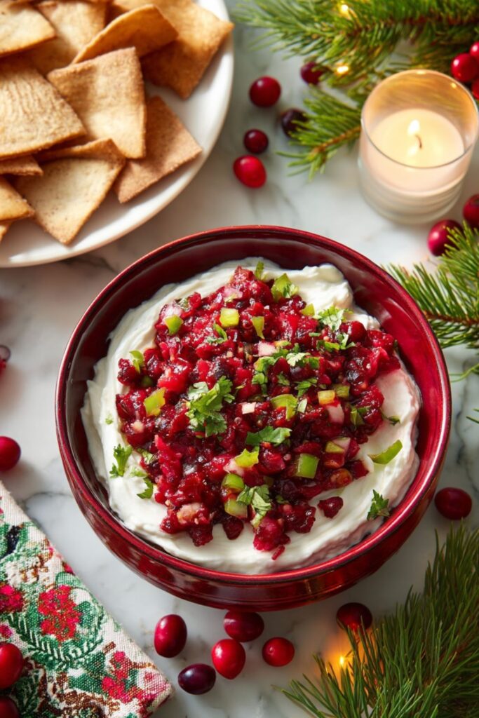 Festive cranberry jalapeño cream cheese dip topped with bright red relish and fresh cilantro, served with cinnamon pita chips on a marble countertop as colorful Christmas party snacks.
