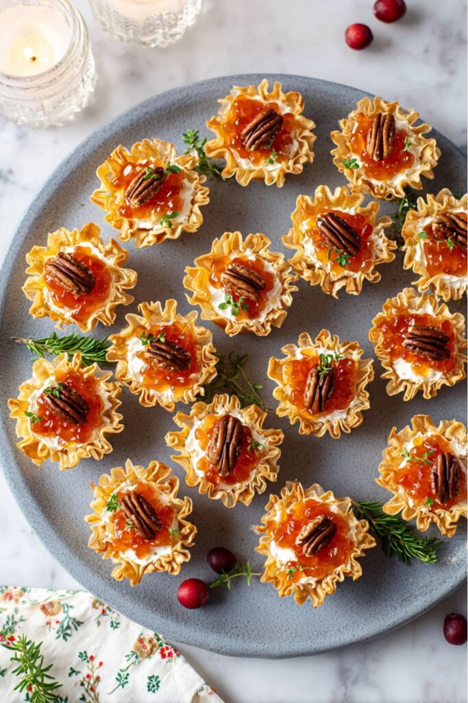 Golden mini phyllo cups filled with warm cream cheese, topped with red pepper jelly, toasted pecans, and herbs, displayed as festive Christmas party snacks on a marble countertop.