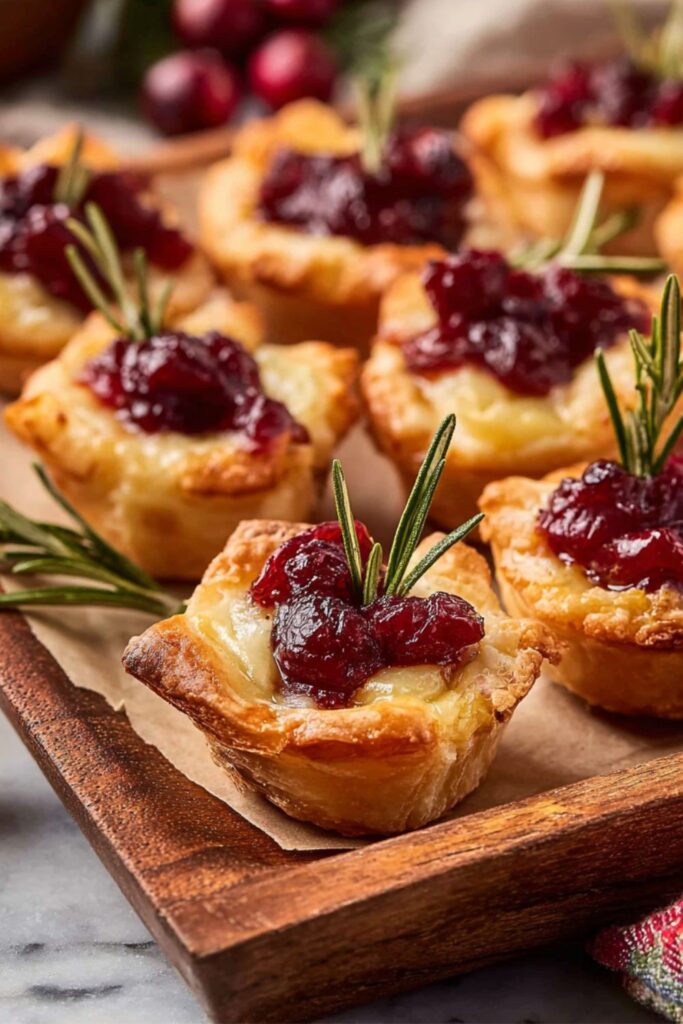 A close-up of a tray of savory and sweet Christmas themed snacks: baked puff pastry cups filled with melted brie cheese and topped with a bright cranberry relish and a sprig of fresh rosemary. These are Impressive Christmas Desserts or appetizers perfect for Christmas Eve Dessert Ideas.